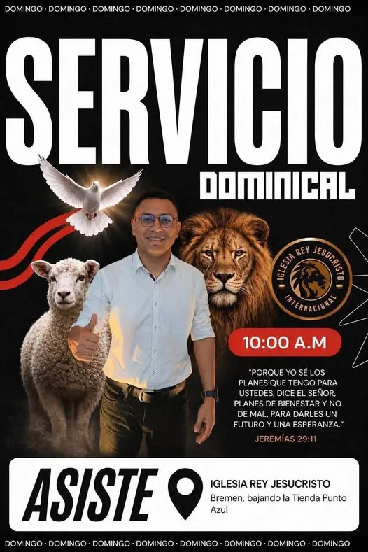 Flyer del Servicio Dominical: domingo a las 10:00 a. m. en Bremen, bajando la Tienda Punto Azul. Jeremías 29:11.